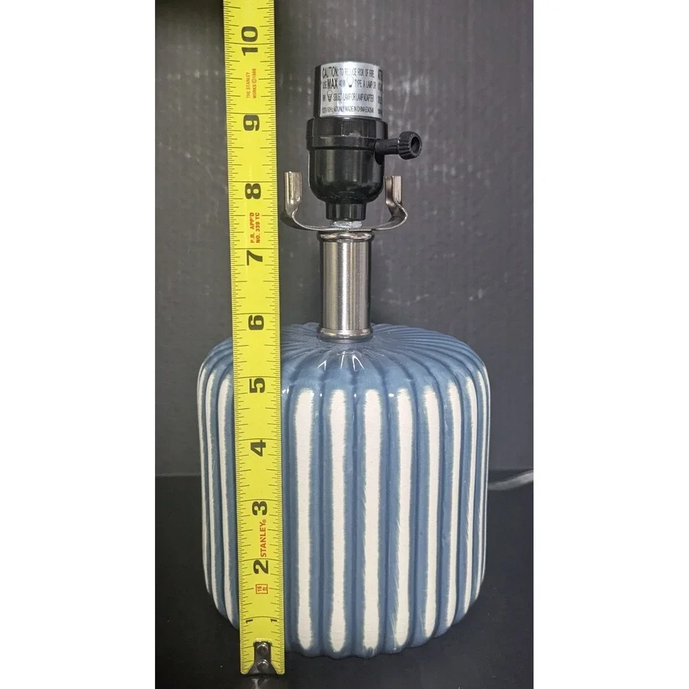 Blue and White Striped Glossy Ceramic Table Lamps Set of Two W/Linen Shades